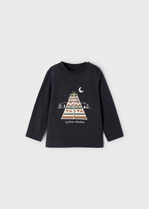 Long Sleeve T-shirt for Baby in Dark Gray Color and Drawing of Tipi and Animals