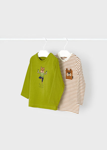 Pack 2 Long Sleeve T-shirts in Green and Brown with Dog Drawing