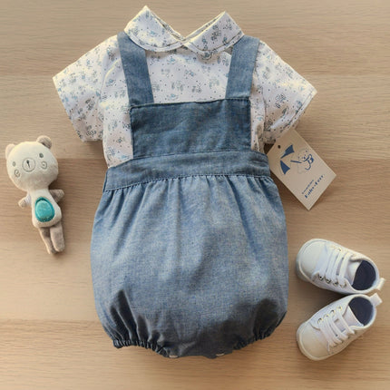 Fern Set of Short Sleeve Shirt and Printed Overalls in Gray